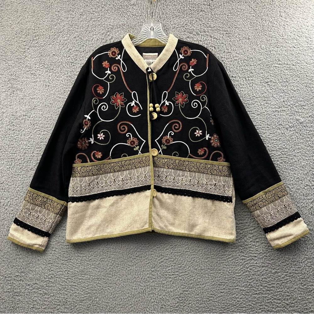Coldwater Creek Jacket Linen Cotton Blend Embroidered Boho Art Floral Crochet M‎